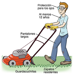 Niño que usa una máquina de cortar césped de manera segura. Tiene al menos 12 años de edad y usa protección en los ojos, pantalones largos y calzado resistente. La máquina de cortar césped tiene una protección para la cuchilla.