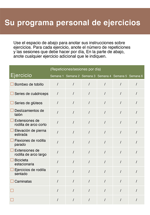 Cuadro con programa de ejercicios de seis semanas para hacer seguimiento de las repeticiones o sesiones por día de bombeos de tobillo, series para cuádriceps, series para glúteos, deslizamientos de tobillo, extensiones de rodilla en arco corto, elevaciones de pierna recta, flexiones de rodilla de pie, extensiones de rodilla en arco largo, bicicleta fija, extensiones de rodilla estando sentado y caminata.